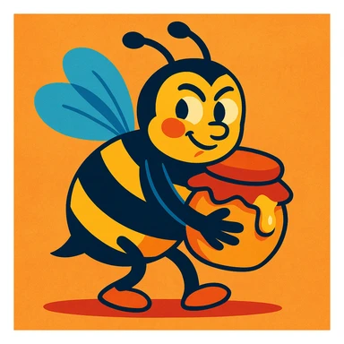a sneaky bee holding a stolen honey jar, vibrant colors, cartoon style sticker