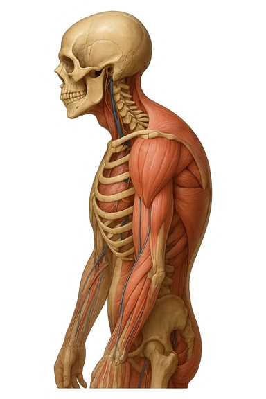 corpo UMANO ANATOMICO di profilo con spalle chiuse in avanti, postura errata, iperrealistico 4k sticker