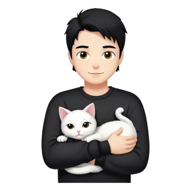 A bad boy with black hair wearing a sweatshirt happily hugs a white cat sticker