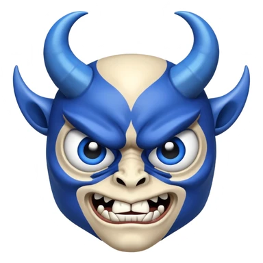 blue demon emoji face with big expressive eyes and curved horns sticker