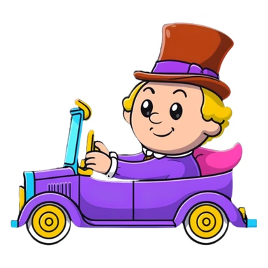 Willy Wonka driving a whimsical vehicle sticker