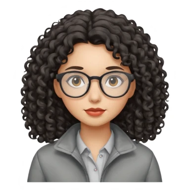 girl with dark curly hair, glasses and a gray jacket sticker