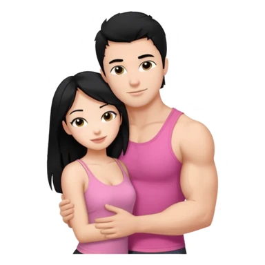 a pretty bratz fair girl. black hair, wearing a pink cami top hugging a handsome fair guy with black hair. lean but muscular who is wearing a black tee sticker
