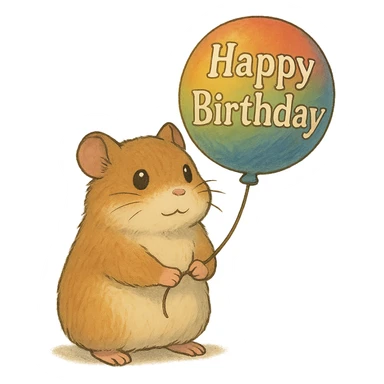 hamster holding a colorful balloon with 'Happy Birthday' text, soft Ghibli style sticker