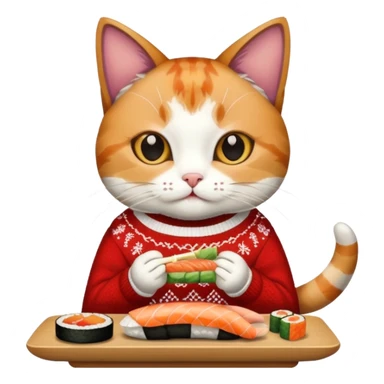 cat wearing a christmas sweater eating sushi sticker