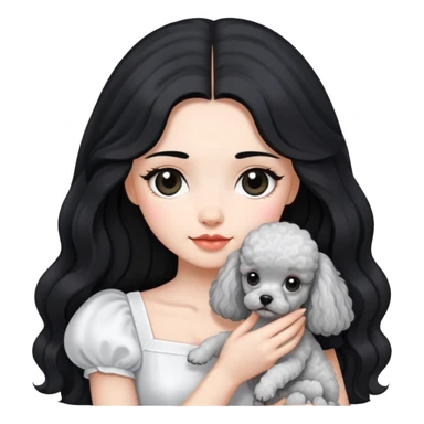 beautiful girl with long black hair in a white dress holding a small gray poodle sticker