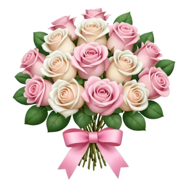 round bouquet of light pink, and white roses with pink wrapping sticker