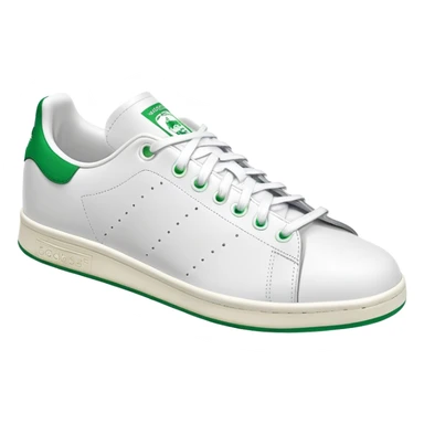 Adidas Stan Smith in white and green colorway, simple clean tennis shoe, white leather with green details, angled view, isolated sticker