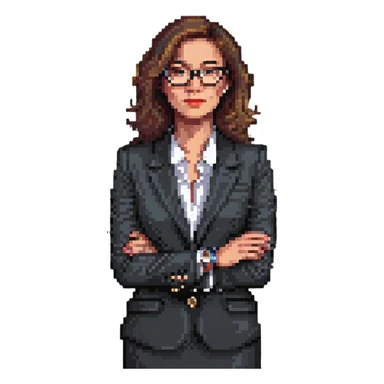 front-facing pixel art illustration of a thoughtful businesswoman from the waist up, wearing a sharp suit and stylish glasses, one hand under chin, gazing slightly to the side, luxury watch visible on wrist, expression of curiosity and contemplation, clean background sticker
