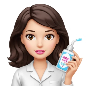 A Barbie girl with makeup, with short wavy dark brown hair in white pajamas, holding a facial gel in her hand sticker