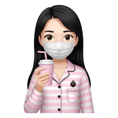 chica de pelo lacio color negro cabellera larga piyama blanca con rayas rosa claras peo no tan claras no oscuras el bordado es negro al igual que los botones )tiene una mascarilla para la carablanca y sostiene y cafe con bolitas nedras al dondo con unsorbete tranparente y es de test blanca  sticker