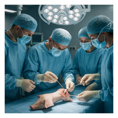 modern operating room with a team of doctors in gowns and gloves carefully extracting a ligament from a pig's knee on a surgical table, sterile atmosphere, realistic details, 4K quality sticker