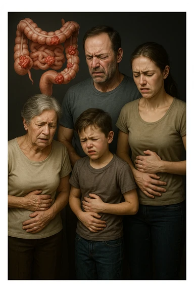 UNA SFILZA DI PARENTI TUTTE MALATE DI CANCRO AL COLON, SI TRAMANDO IL CANCRO NELLE GENERAZIONI, INTESTINO ANATOMICO VISIBILE ED ESPRESSIONE DI DOLORE IN VOLTO, MAL DI PANCIA, FALLA IPERREALISTICA 4K, NON DISEGNATA sticker