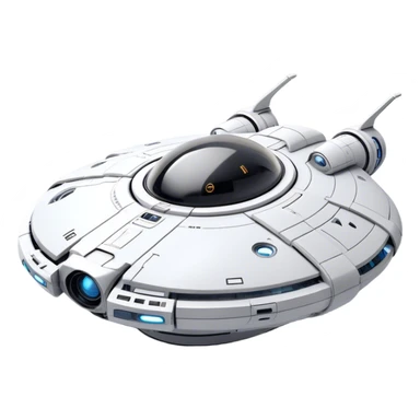 Design a simple, semi-realistic spaceship with a clean and minimalistic design. The ship should have a smooth, rounded shape with a few subtle mechanical details, like small thrusters or panels, but avoid overly complex or advanced features. Add a 'face' to the front of the ship using basic shapes, such as two circular lights for 'eyes' and a curved line or pattern for a 'smile,' giving it a friendly and approachable personality. The design should feel functional yet charming, as if the ship has its own character or consciousness. Use a plain, transparent background with no additional elements, focusing entirely on the ship. The lighting should be soft and even, highlighting the ship's 'face' and overall design. sticker