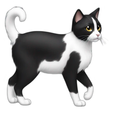 black and white cat walking profile whole body black, whispy fur on tip of ears, white paws and black legs, black tail, black neck, white chest and stomach sticker