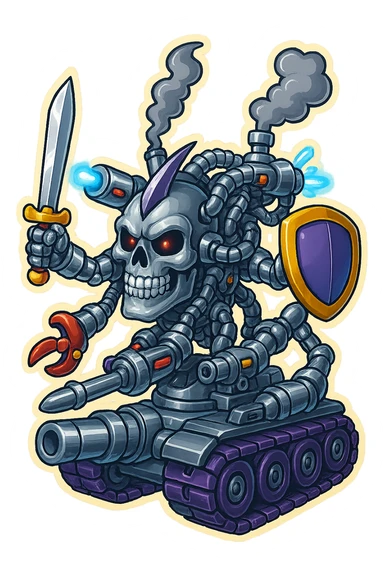 Edit the skull robot tank to have 4 distinct arms, each hand holding a different weapon such as a sword, blaster, claw, and shield. All metal parts should be shiny greyscale, with some non-metal elements having vibrant color accents. Maintain the retro stickers style with a clean outline and transparent background. sticker