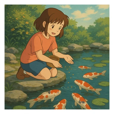 girl feeding koi fish in a pond sticker
