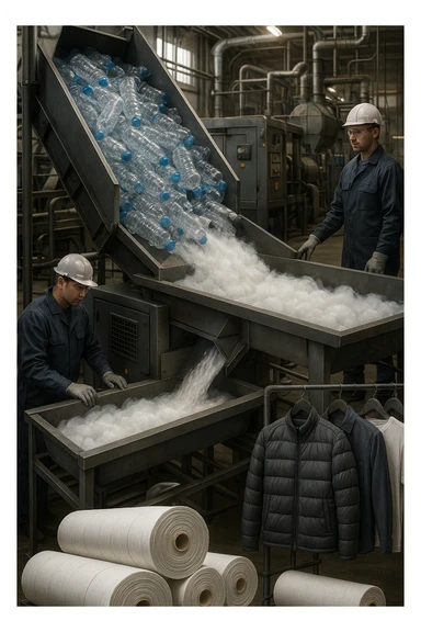 vertical realistic scene in 2:3 aspect ratio depicting an industrial recycling chain where PET plastic bottles are processed and turned into polyester fabric for clothing. Show detailed bottles, machinery, and finished clothes. Professional atmosphere, factory environment, clear industrial process. sticker