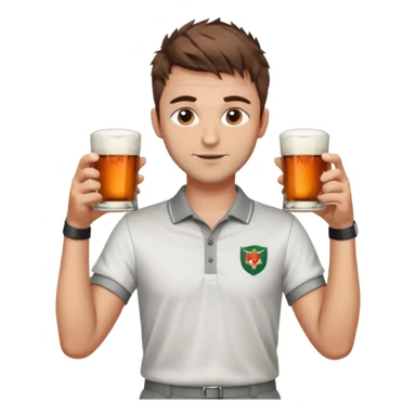 Handsome male.short messy brown hair.mowhawk hairstyle. wearing white golf shirt.grey shorts. Cheersing with jaggermeister sticker