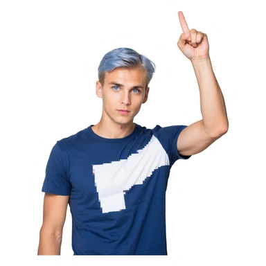 Flat pixel art, confident male leader, Caucasian, short neat blonde hair, sharp eyes, indigo T-shirt, one arm raised pointing out, waist-up, front-facing sticker