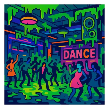 a vibrant toon style dance hall covered in slime, neon lights, and dancing figures sticker