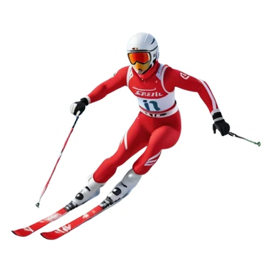 An icon featuring a skier racing down a snow-covered slope, surrounded by snowy peaks, pine trees, and a picturesque mountain landscape. The sky is blue with soft clouds, capturing the thrill and beauty of alpine skiing. Transparent background  sticker