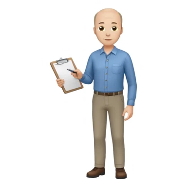 man, mid 40's shirt and trousers balding hairline, full body, standing, holding a clipboard sticker
