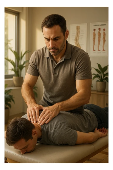 A realistic, cinematic illustration of a professional osteopath in his late 30s, wearing a fitted polo shirt in a neutral color, performing gentle manual manipulations on a patient to improve posture. The osteopath uses precise hand placement along the patient's upper back and cervical spine while the patient lies on a comfortable treatment table in a bright, modern clinic. Anatomical posters showing the spine and posture alignment are on the wall, and the room has warm, natural lighting with plants for a calming atmosphere. The scene emphasizes hands-on osteopathic care to restore body alignment, spinal mobility, and posture, showcasing trust, professionalism, and holistic care sticker