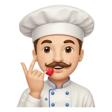Mustachioed chef with smiling eyes and puckered lips giving his pinched fingers a kiss with a heart emoji sticker