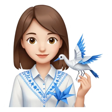A happy Ukrainian young girl with brown hair in a white embroidered shirt holds an origami blue crane sticker