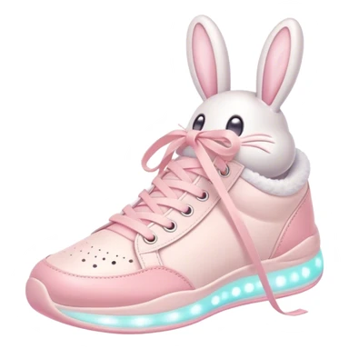 Cute Kawaii Shoe, small and bouncy, soft pastel sneakers with glowing highlights, cute sparkling eyes, a happy cheerful expression, laces tied like bunny ears! sticker