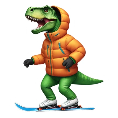 Tyrannosaurus rex downhill skiing wearing a puffer jacket, vibrant colors sticker
