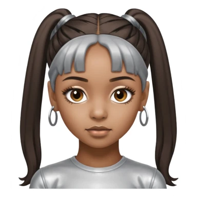 Left Eye from TLC with long dark brown ponytail hair, silver outfit sticker