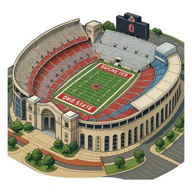 Изометричная, яркая, детализированная и фотореалистичная иллюстрация стадиона Ohio Stadium в стиле 3D-коллажей городов, насыщенные цвета, аккуратные линии, мультяшно-реалистичная стилистика. Чёткие контуры, прозрачный фон, высокое качество. sticker