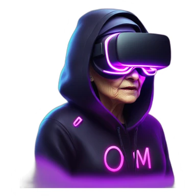 Russian old woman wearing a black hoodie with "OMG" letters on it and VR headset in a cyberpunk VR environment with violet neon lighting. sticker