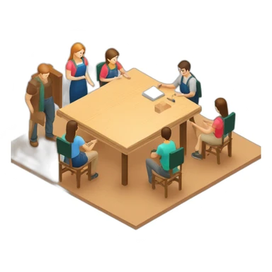 isometric square transparent solid outline border containing woodworking teacher with student teaching in creative workshop on long table sticker