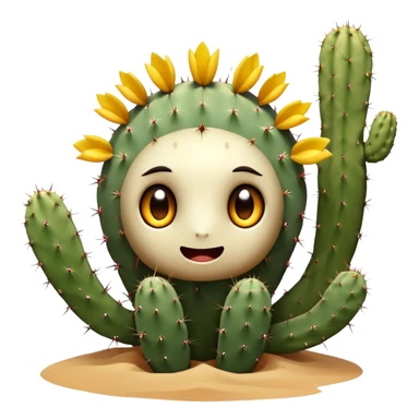 A desert-dwelling plant hybrid creature with cactus spines, eyes, blooming flower petals that change color with the temperature, and the ability to burrow underground with root-like limbs during sandstorms. sticker