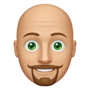 white caucasian bald man's face, with brown goatee and green eyes, oval face, rounded, big sticker