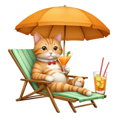 Cat relaxing on a beach chair, sipping a mai tai cocktail with umbrella sticker