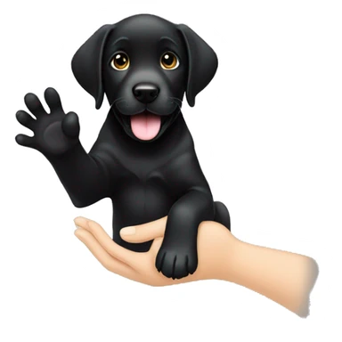 sitting black labrador puppy makes high five with one paw sticker