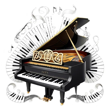 Create a sophisticated and celebratory emoji collage representing keyboard instruments, designed in the style of a coat of arms or crest. The design should feature a central, ornate grand piano with black and white keys, surrounded by a ribbon of musical notes. The ribbon should intertwine with a second ribbon made of black-and-white piano keys, creating a flowing, symmetrical pattern. Include delicate, elegant details such as the pedals of the grand piano, intricate woodwork, and the glossy, polished surface of the instrument. The musical notes should be swirling around the design in a harmonious, festive arrangement. Use gold, silver, and rich wood tones to evoke a sense of luxury and professionalism, with the black-and-white keys of the piano adding contrast. The background should remain transparent. sticker