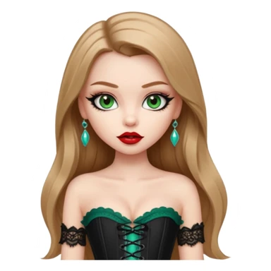 pretty bratz girl, long straight LIGHT BROWN HAIR, jade green eyes, black eyeliner, pale skin, black corset clothes with laces sticker