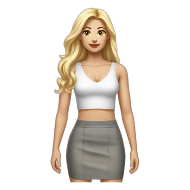 hyperrealistic caucasian blonde, long straight hair, white deep v-neck crop tanktop, gray tight mini skirt sticker
