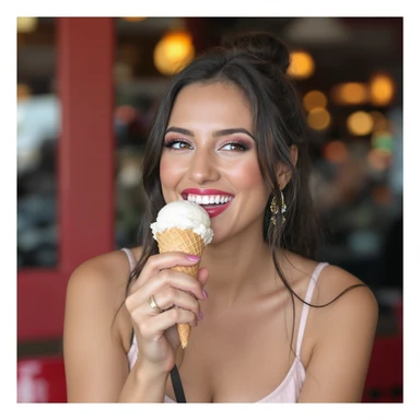 a woman enjoying an ice cream cone, realistic photography style sticker
