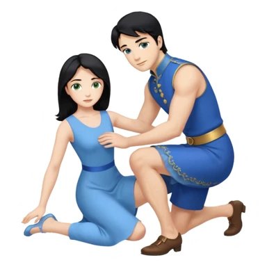 prince, upright, black Hair, blue eyes, blue garment,  Woman, blonde Hair, Green eyes, bending knee, sleveless, white Dress, sticker