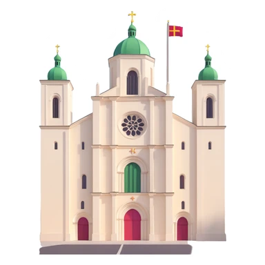 3D style Discord role icon featuring Vilnius Cathedral Lithuania with recognizable cathedral silhouette and subtle Lithuanian flag colors suitable for small display sticker