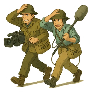  walking from left to right across frame: a cameraman, and a microphone operator, ONLY two people, war correspondents, tense moment, BOTH HOLDING ONTO THEIR HAT! sticker