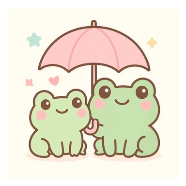 frog friends sharing an umbrella, adorable, kawaii style sticker