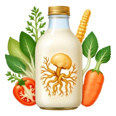 Probiotic foods (yogurt, kefir, kombucha bottle, miso, kimchi, sauerkraut) surrounding a glowing intestinal system. Tiny beneficial bacteria represented as golden particles flow between the foods and the intestine, creating a garden-like ecosystem of inner harmony and health. sticker