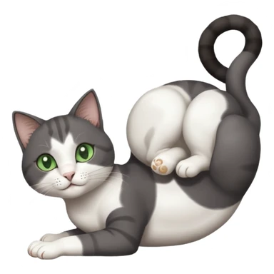 beautiful female solid dark grey cat with green eyes, white toes/paws and white patch on her chest playfully rolling upside down sticker